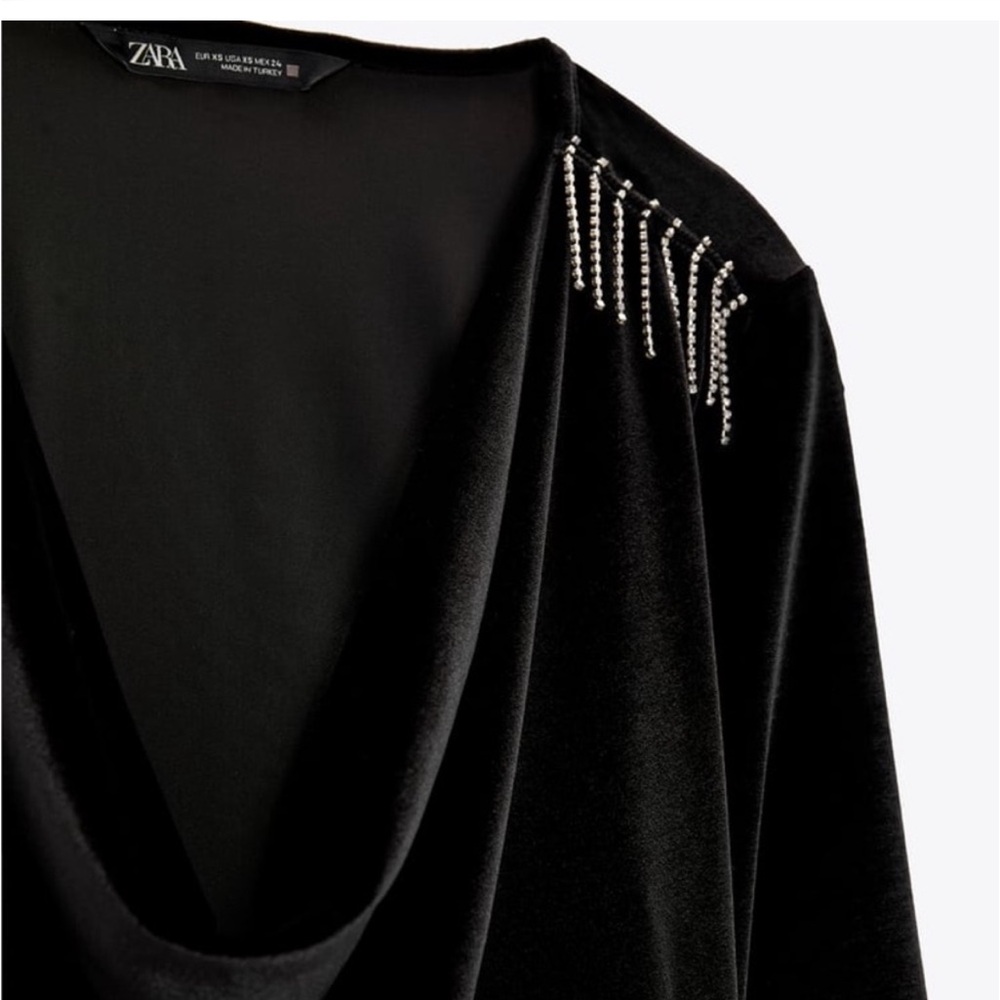 Zara NWT black velvet velour, shoulder padded tassel detail long sleeve bodysuit - Picture 4 of 5